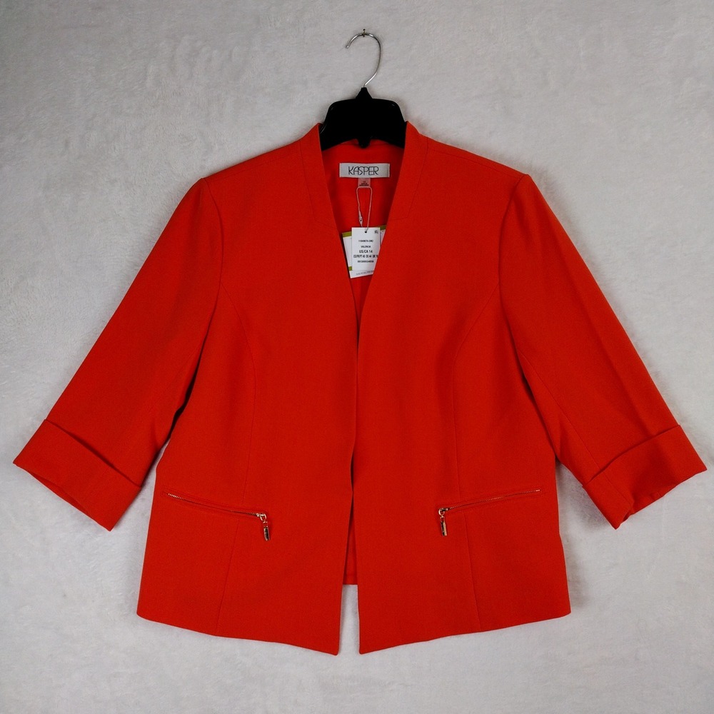Kasper Valencia Open Front Blazer Orange Red 3/4 Sleeve Zip Pockets Size 14